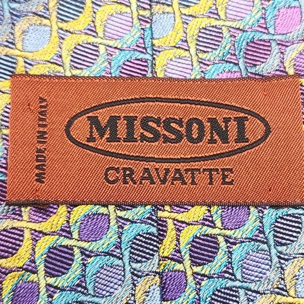 Missoni Cravatte Tie Men's Necktie 100% Silk Blue Purple Geometric Italy